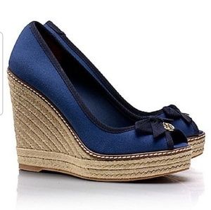 Auth Navy Tory Burch Jackie peep toe wedges